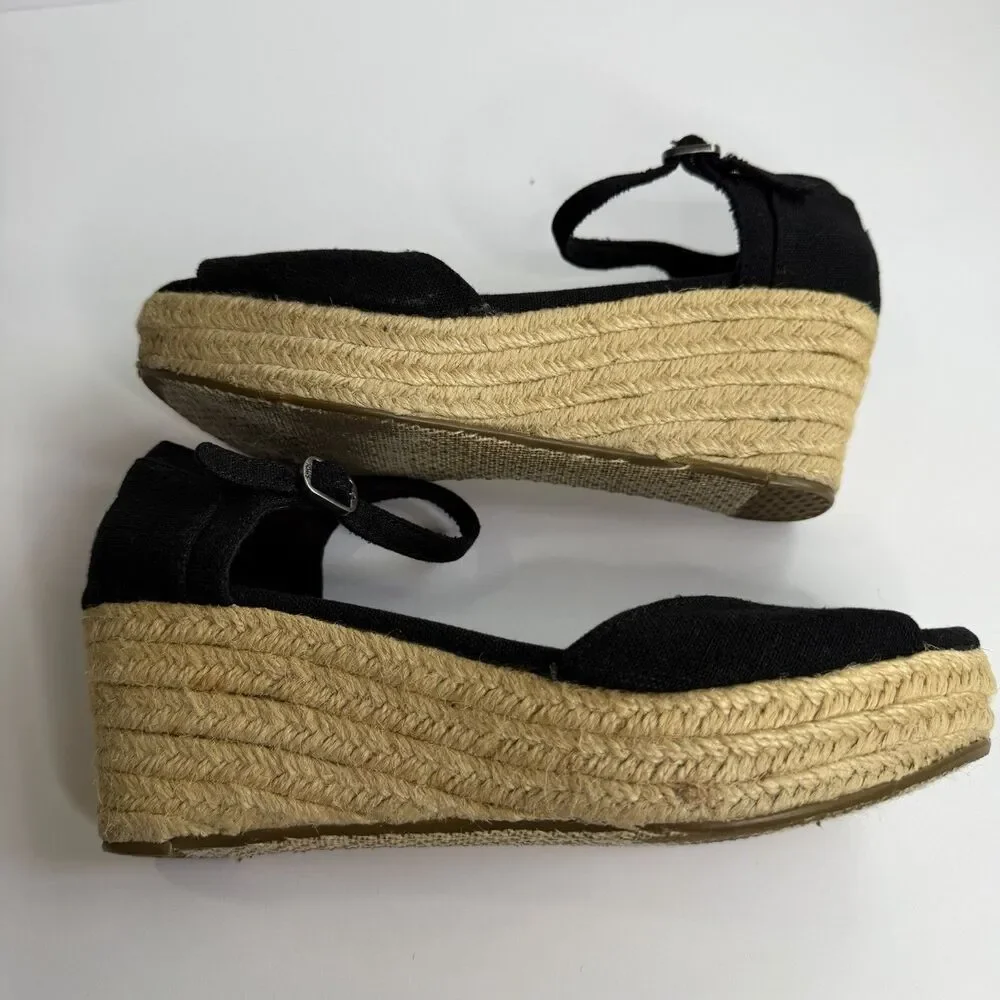 TOMS Black Canvas Peep Toe Jute Wedge Heel‎ Espadrille Sandals Sz 7